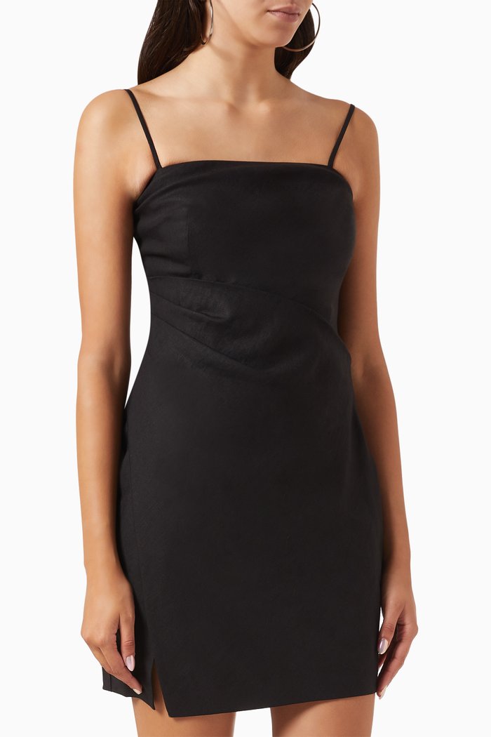 

Pleated Mini Dress in Linen, Black