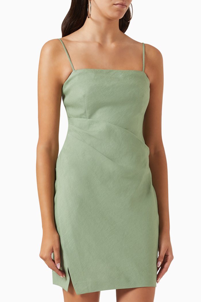 

Pleated Mini Dress in Linen, Green