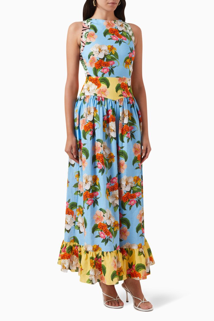 

Amara Floral Maxi Dress in Linen-blend, Multicolour