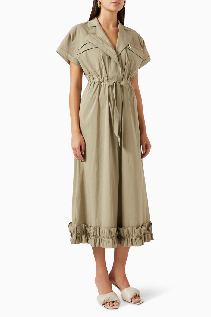 

Ruffled-hem Midi Dress in Stretch Cotton-blend, Green