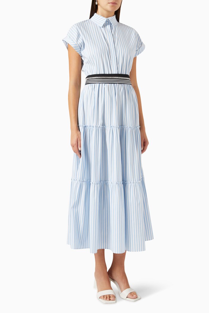 

Tiered Striped Midi Dress in Cotton, Blue