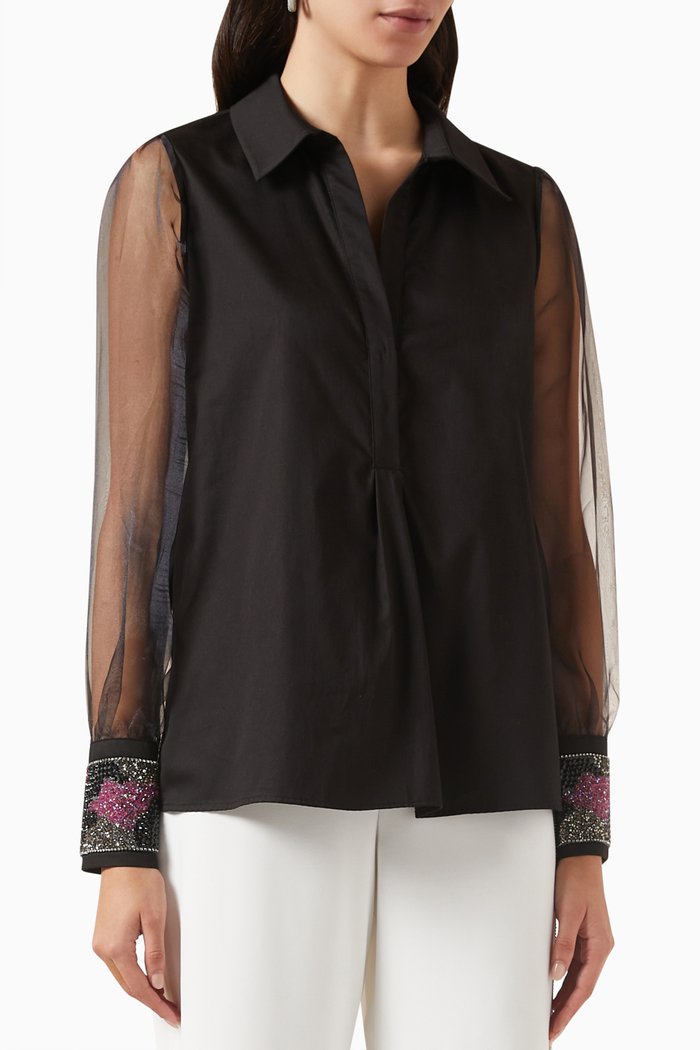 

Embellished-cuff Top in Cotton-blend, Black