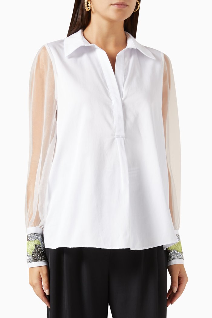 

Embellished-cuff Top in Cotton-blend, White
