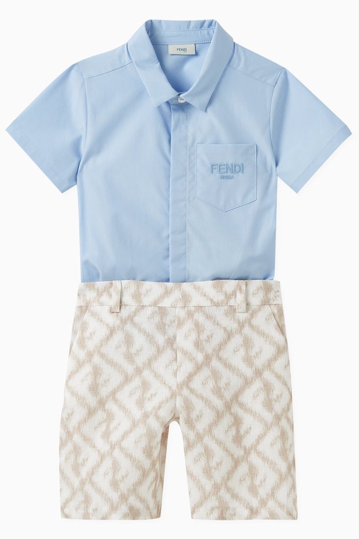 

Logo Shirt & Shorts Set in Cotton Poplin & Linen, Blue