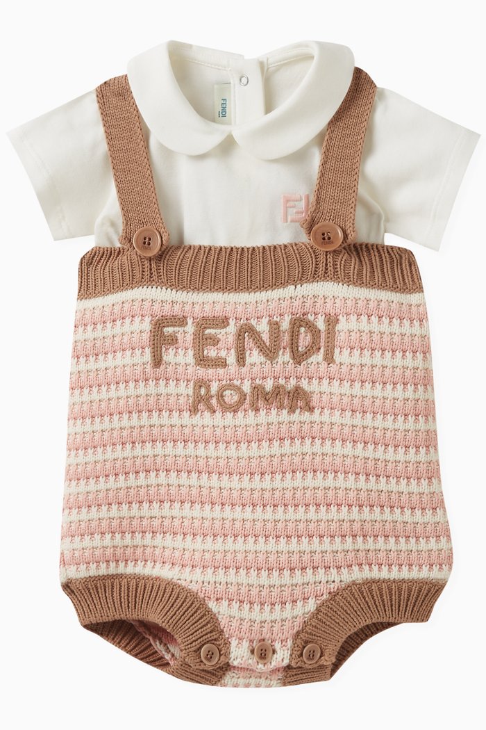 

Logo Bodysuit & Striped Crochet Overall Set in Cotton, Brown