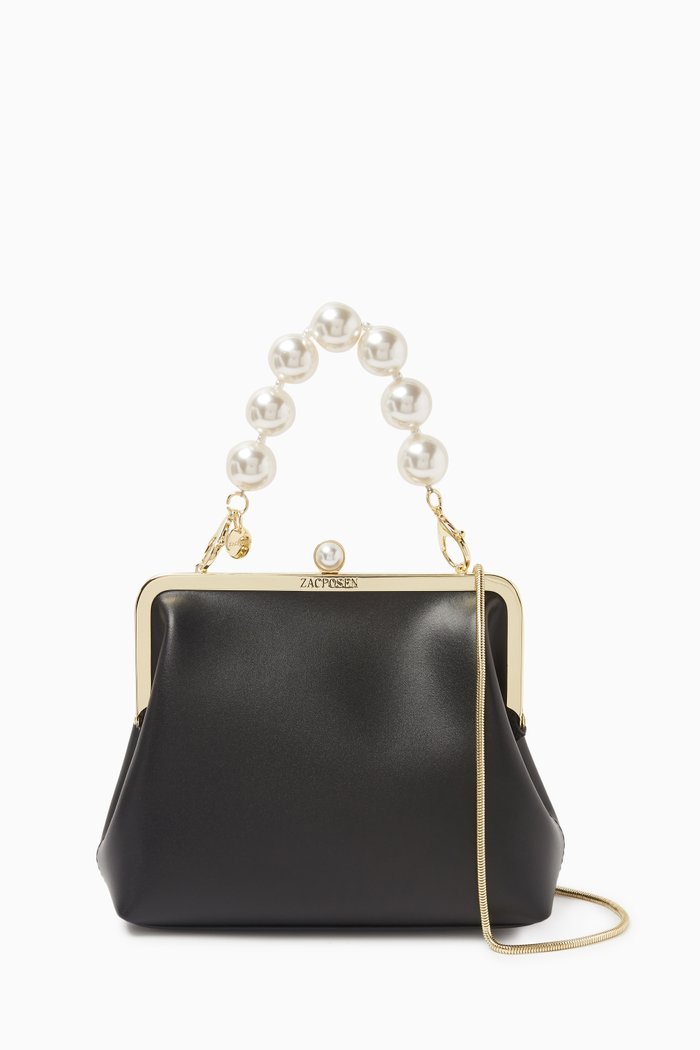 Lacey Frame Clutch with Chain in Leather, Black