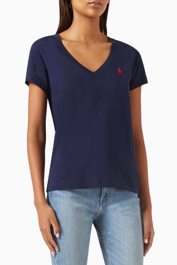 

Logo Embroidered V-neck T-shirt in Cotton-jersey, Blue