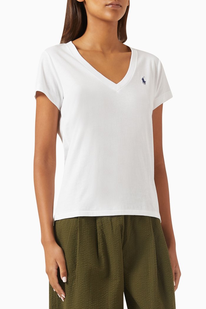 

Logo Embroidered V-neck T-shirt in Cotton-jersey, White