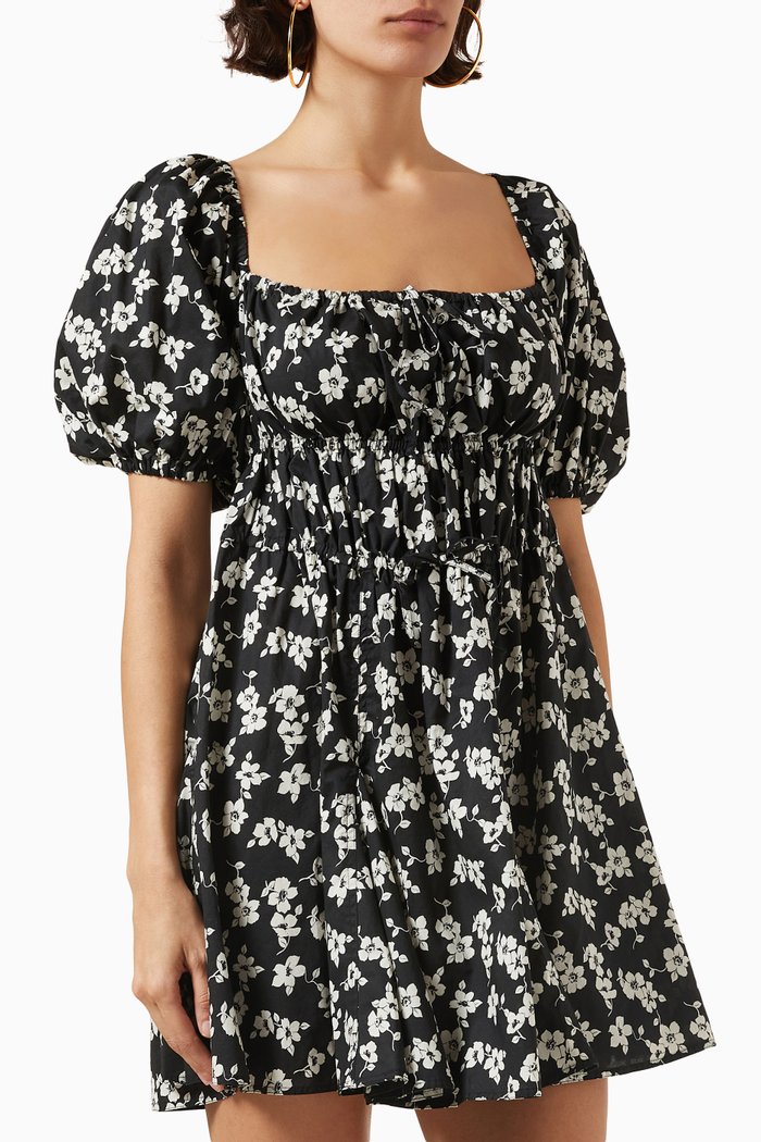 

Floral-print Mini Dress in Cotton, Black