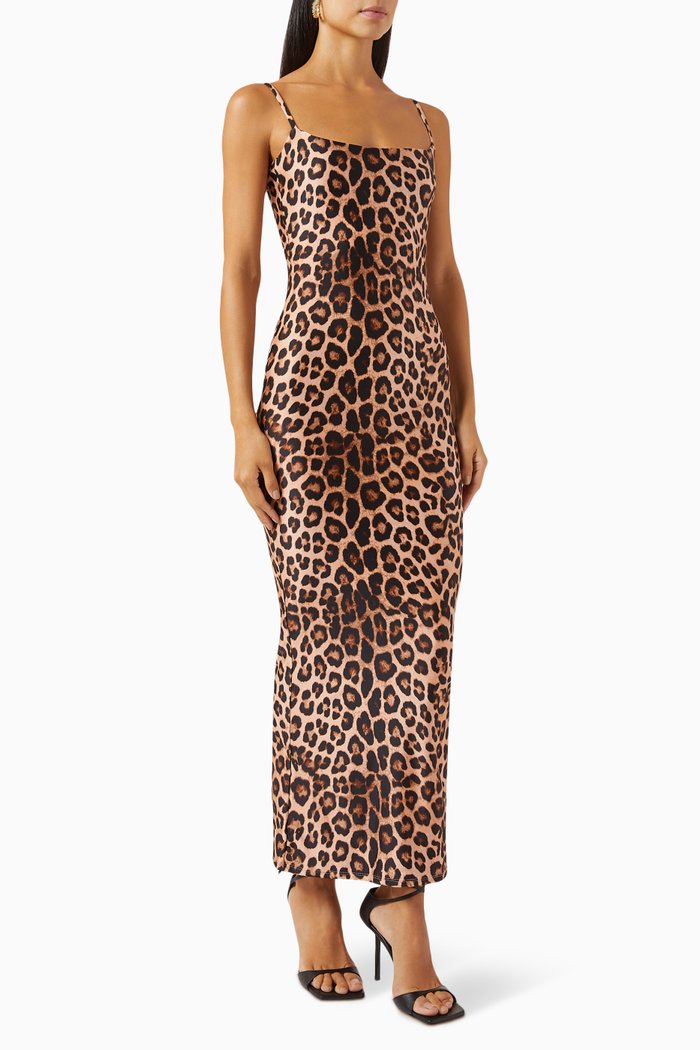 

Leopard-print Maxi Slip Dress in Stretch-satin, Brown