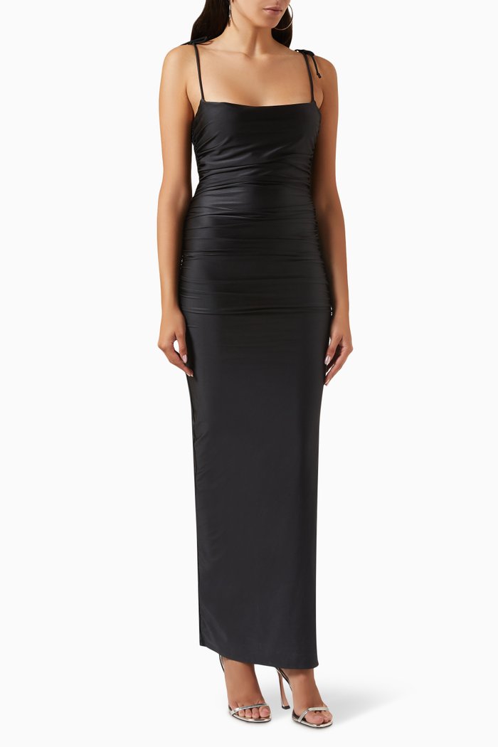 

Ruched Maxi Dress in Satin, Black