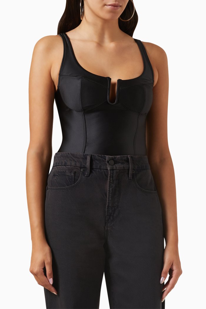 

U Corset Bodysuit in Satin, Black