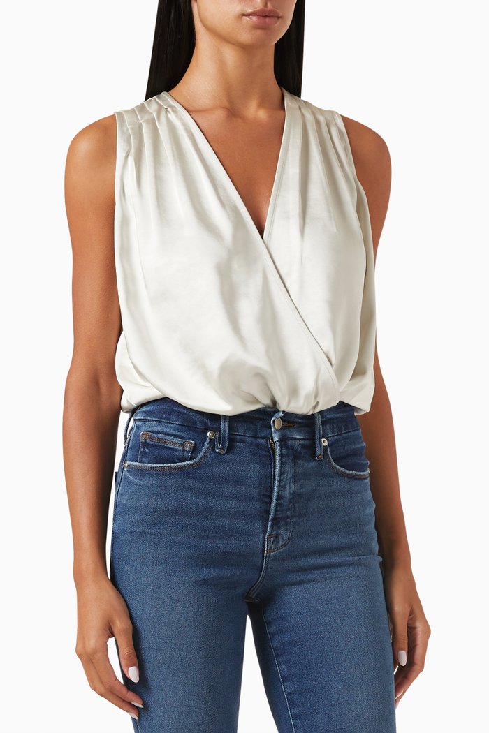 

Georgette Wrap Bodysuit in Satin, Neutral