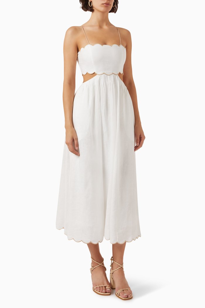 

Devi Scallop Midi Dress in Linen, Neutral