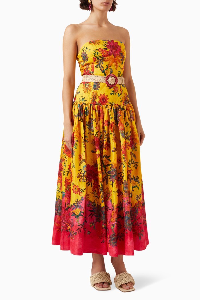 

Ginger Strapless Midi Dress in Linen, Multicolour