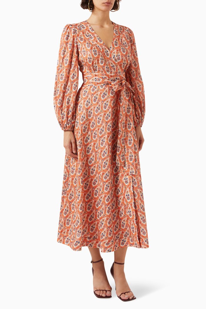 Devi Wrap Long Dress in Linen, Red