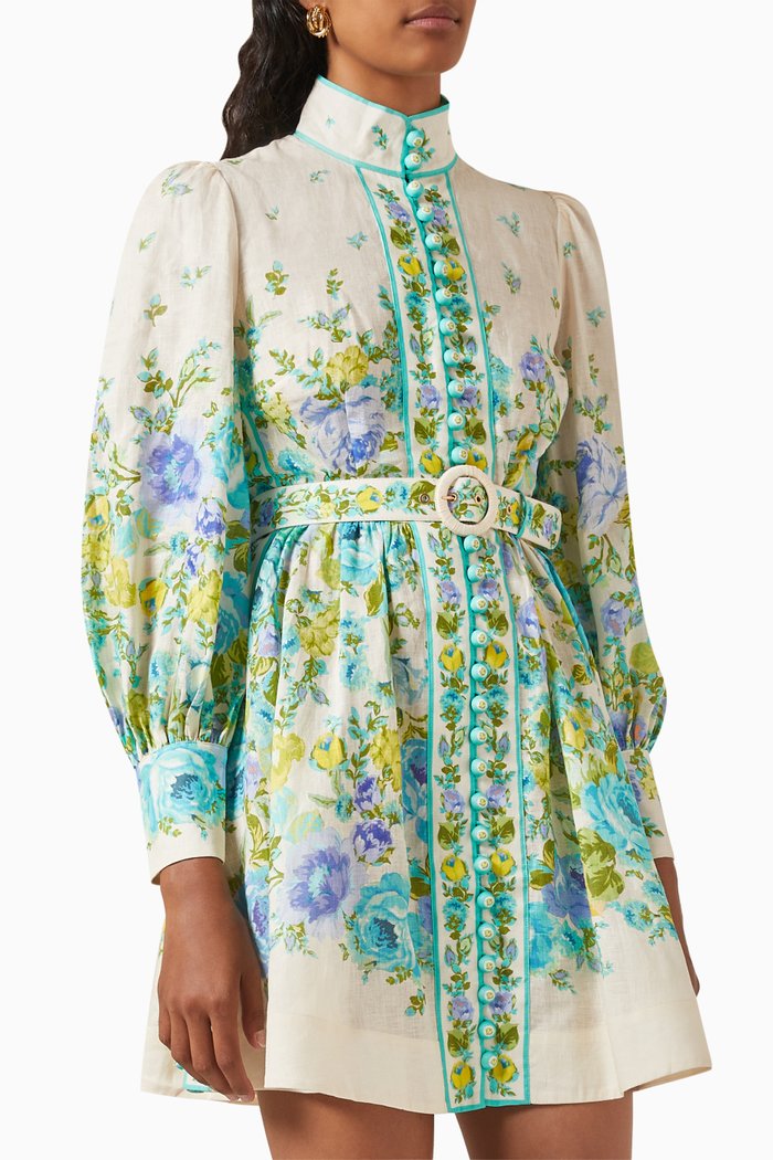 

Raie Floral-print Buttoned Mini Dress in Linen, Multicolour