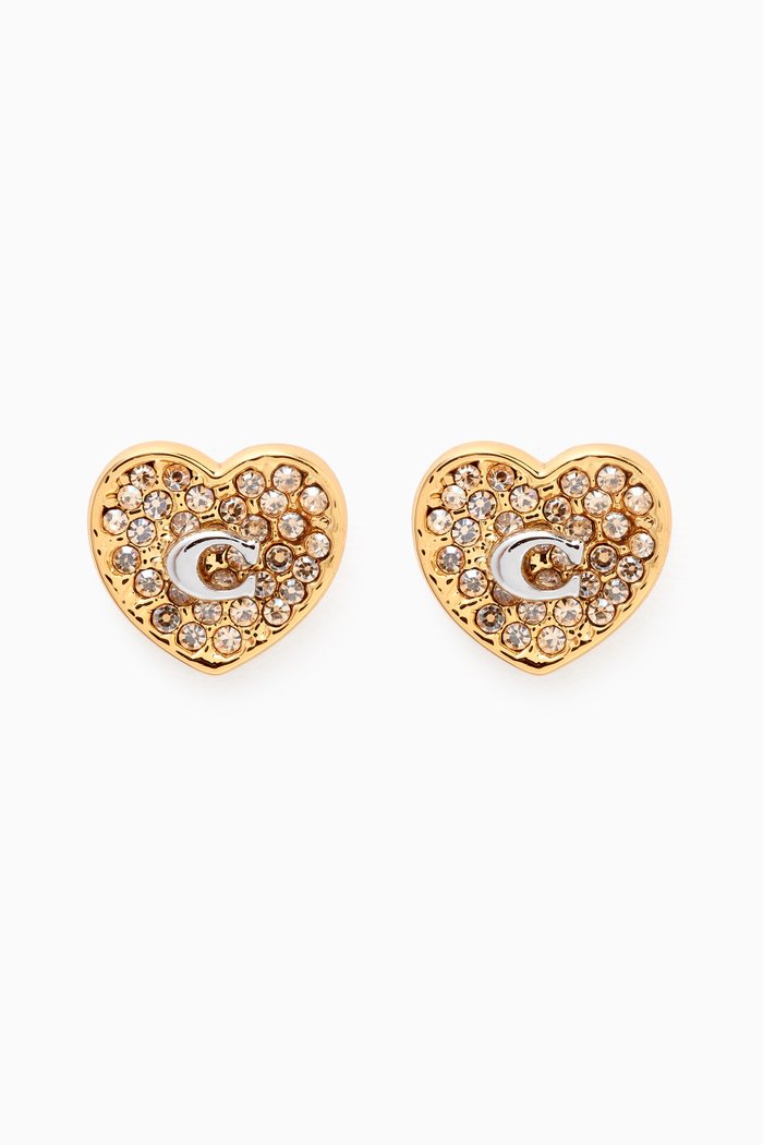 

C Pave Heart Stud Earrings in Metal, Gold