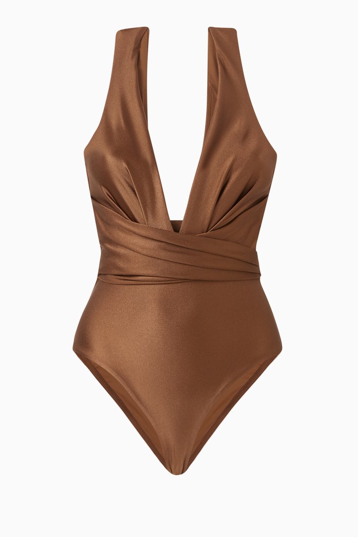 

Raie Wrap Plunge One-piece Swimsuit in Lycra, Brown