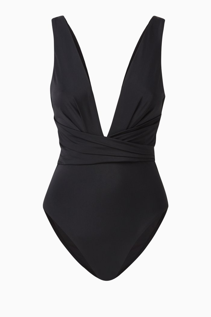 

Raie Wrap Plunge One-piece Swimsuit in Lycra, Black