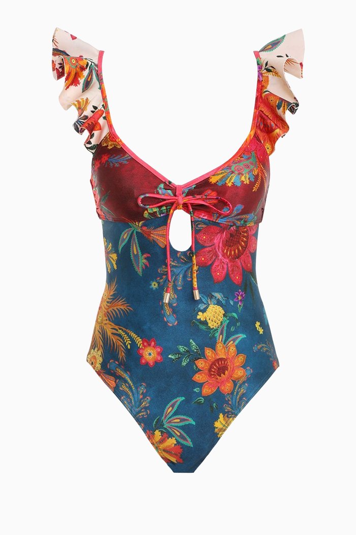 Ginger Frill Shoulder One-piece Swimsuit in Lycra, Multicolour