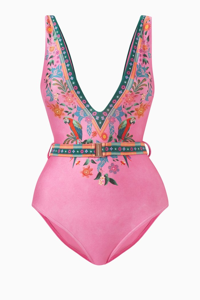 

Ginger Belted Plunge One-piece Swimsuit in Lycra, Pink