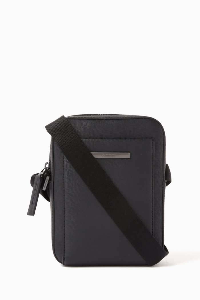 Small Modern Metal Reporter Bag in Faux Leather, Black