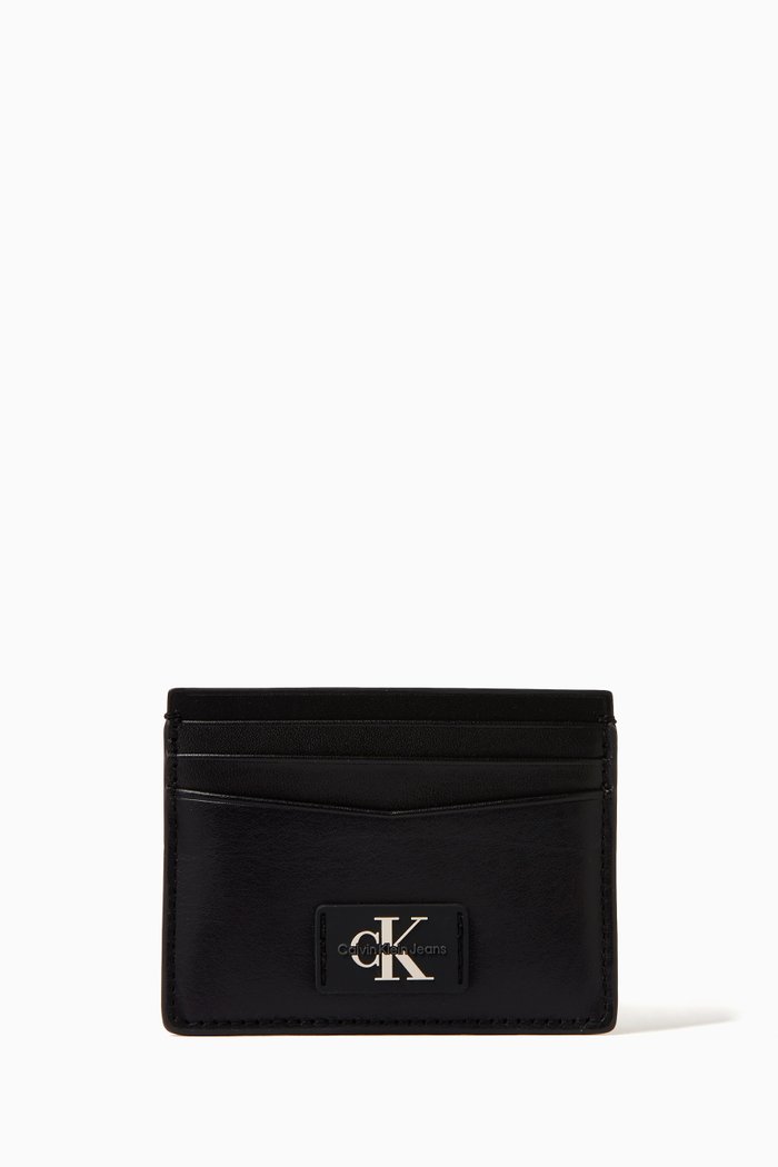 

CK Plaque Card Holder in Leather, Black