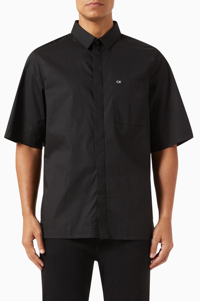 

Short-sleeve Shirt in Stretch Poplin, Black