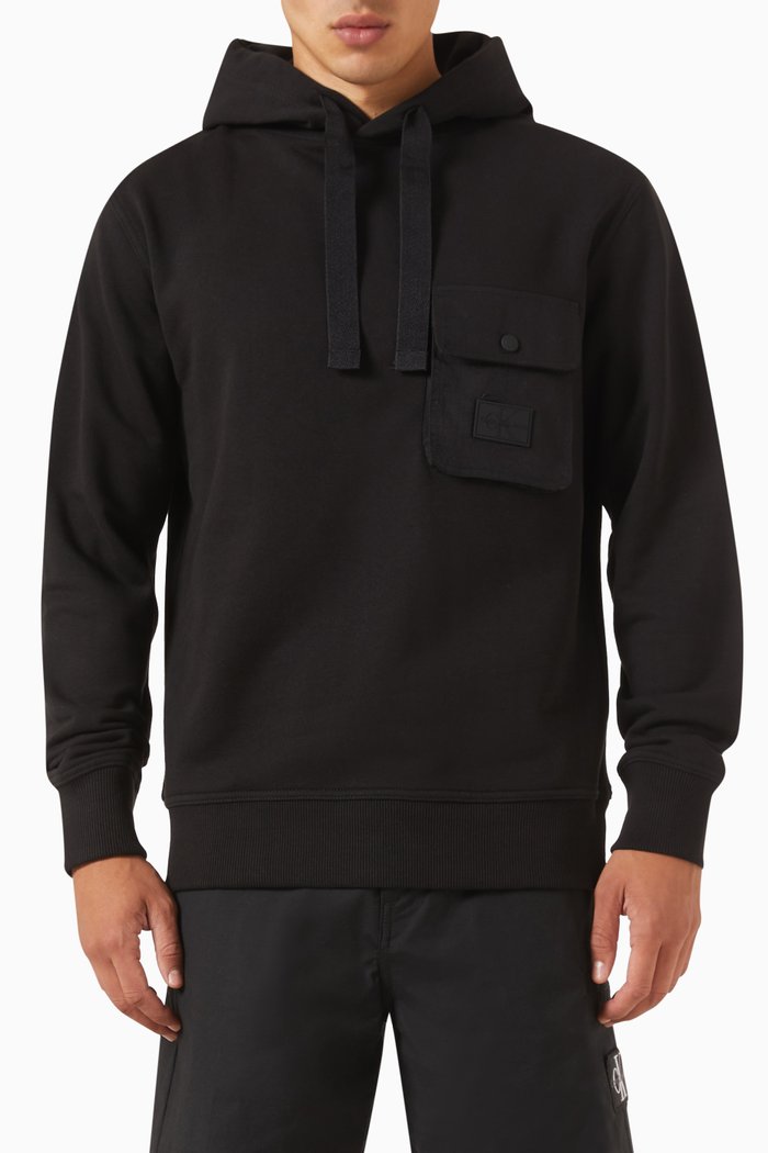

Mix Media Pocket Hoodie in Cotton-fleece, Black