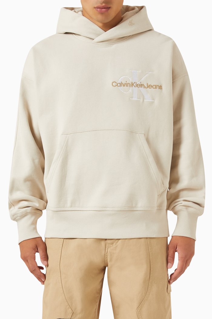 Logo-embroidered Oversized Hoodie in Cotton-fleece, Neutral