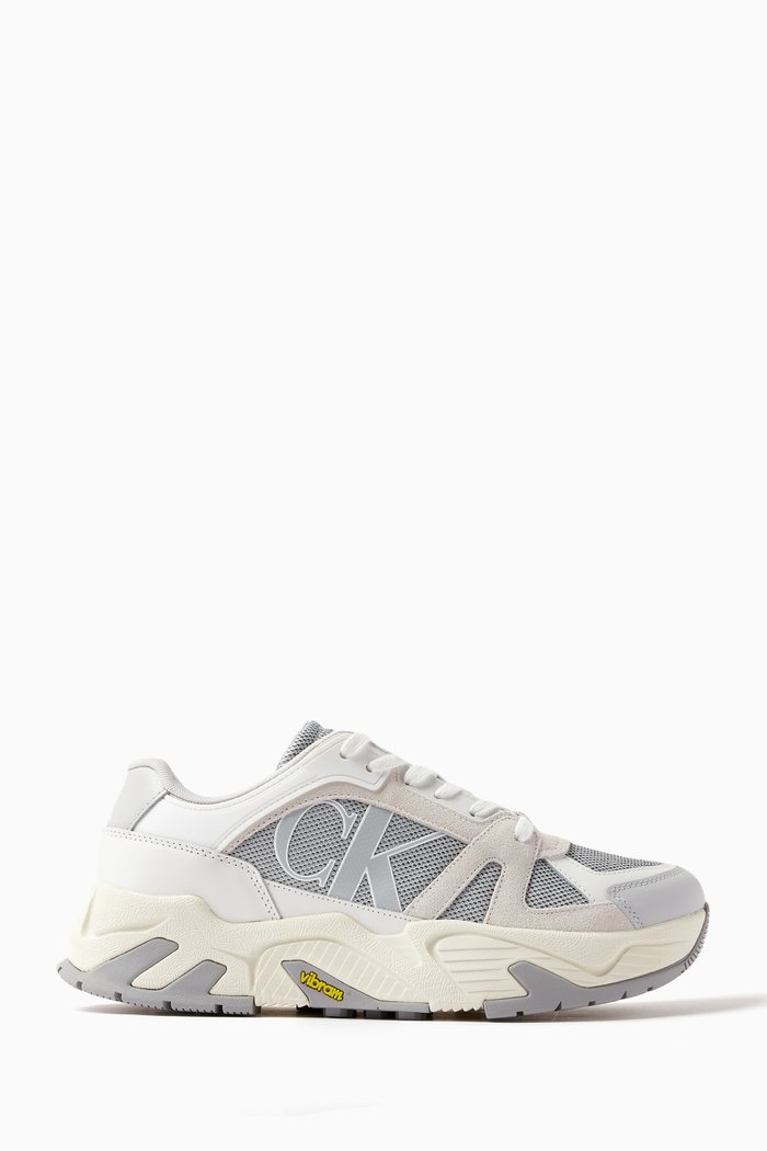 

Chunky Runner Sneakers in Leather and Mesh, Grey