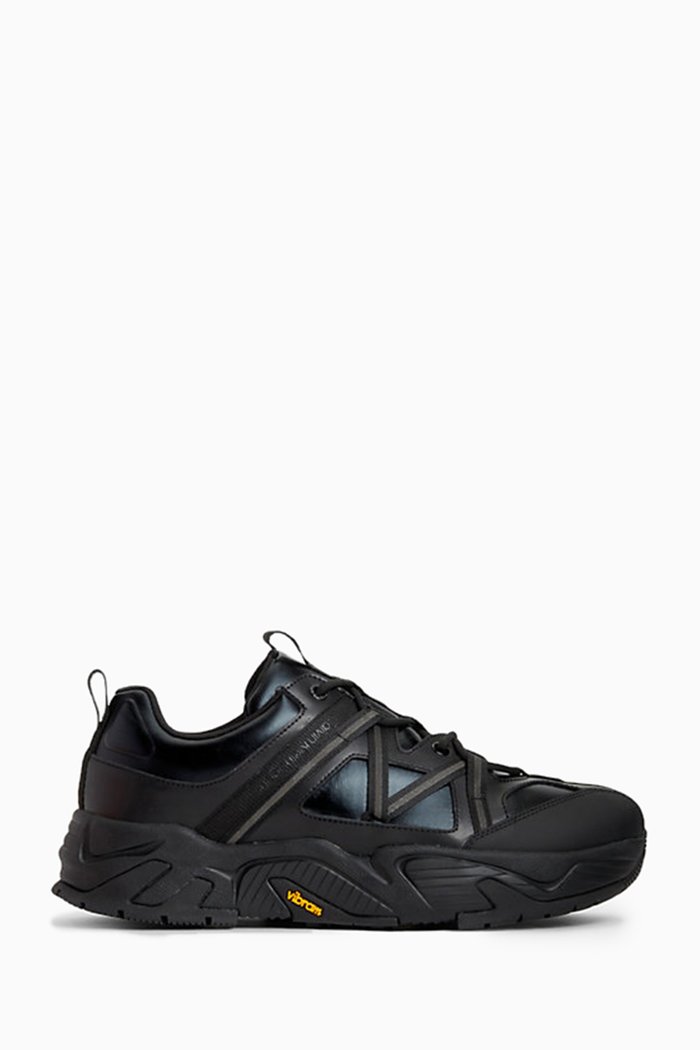 

Chunky Runner Sneakers in Leather & Mesh, Black