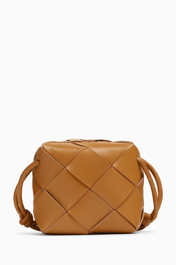 

Mini Cassette Camera Cross-body Bag in Intreccio Leather, Neutral