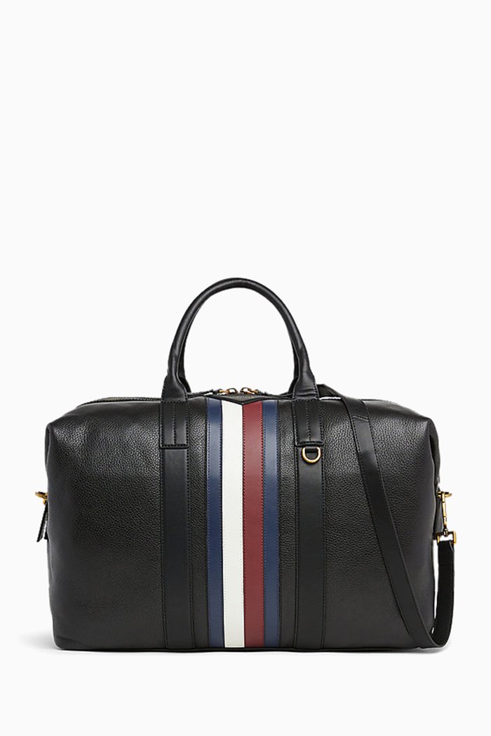 Tape Trim Duffel Bag in Premium Leather, Black