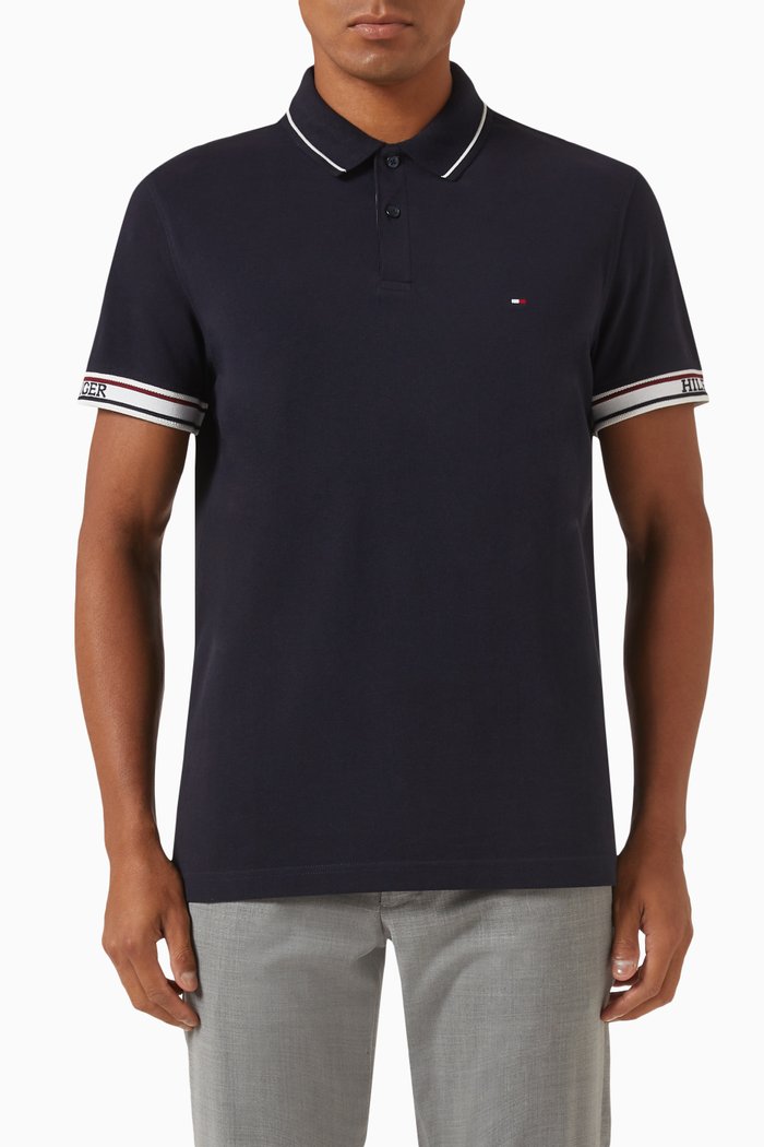 

Knitted Logo Tape Polo Shirt in Cotton Piqué, Blue