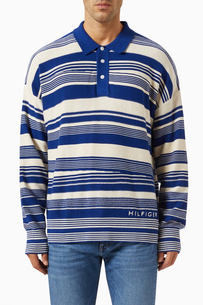 

Crafted Stripe Oversized Polo T-shirt in Organic Cotton, Blue