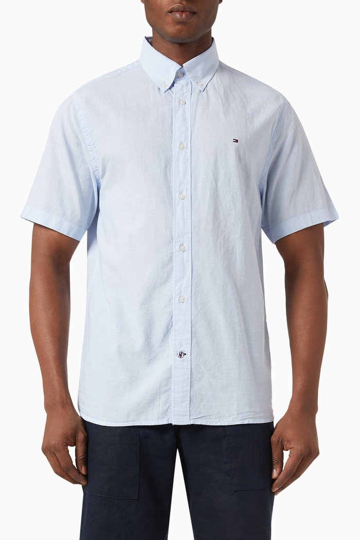 

Airy Short-sleeved Shirt in Linen Blend, Blue