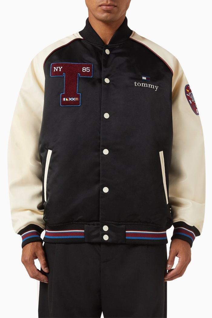 

Varsity Bomber Jacket in Satin, Black