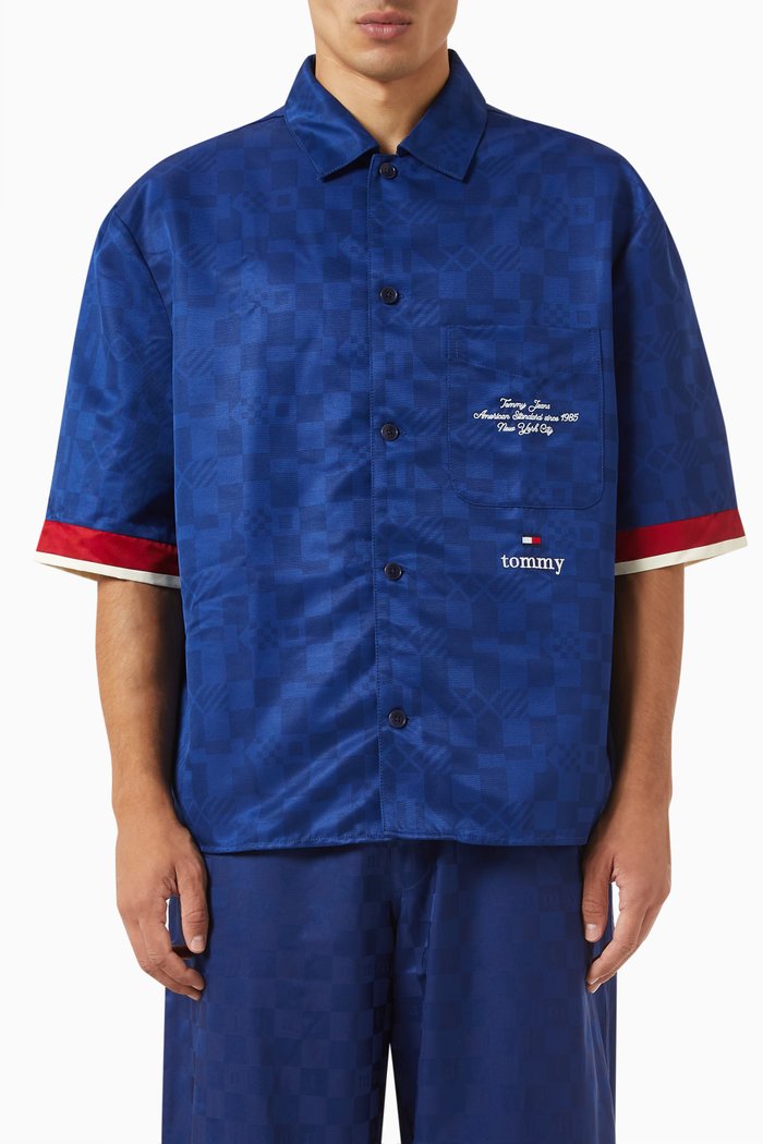 Checkboard Logo Shirt in Recycled Nylon Twill, Blue