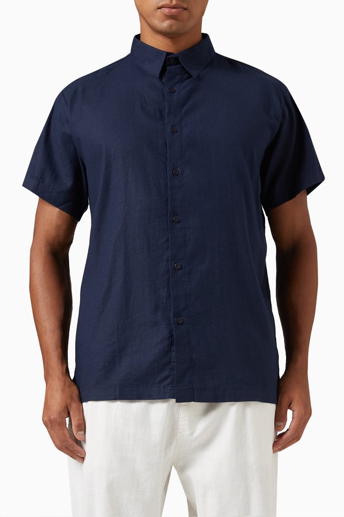 

Short Sleeved Shirt in Linen-blend Stretch, Blue