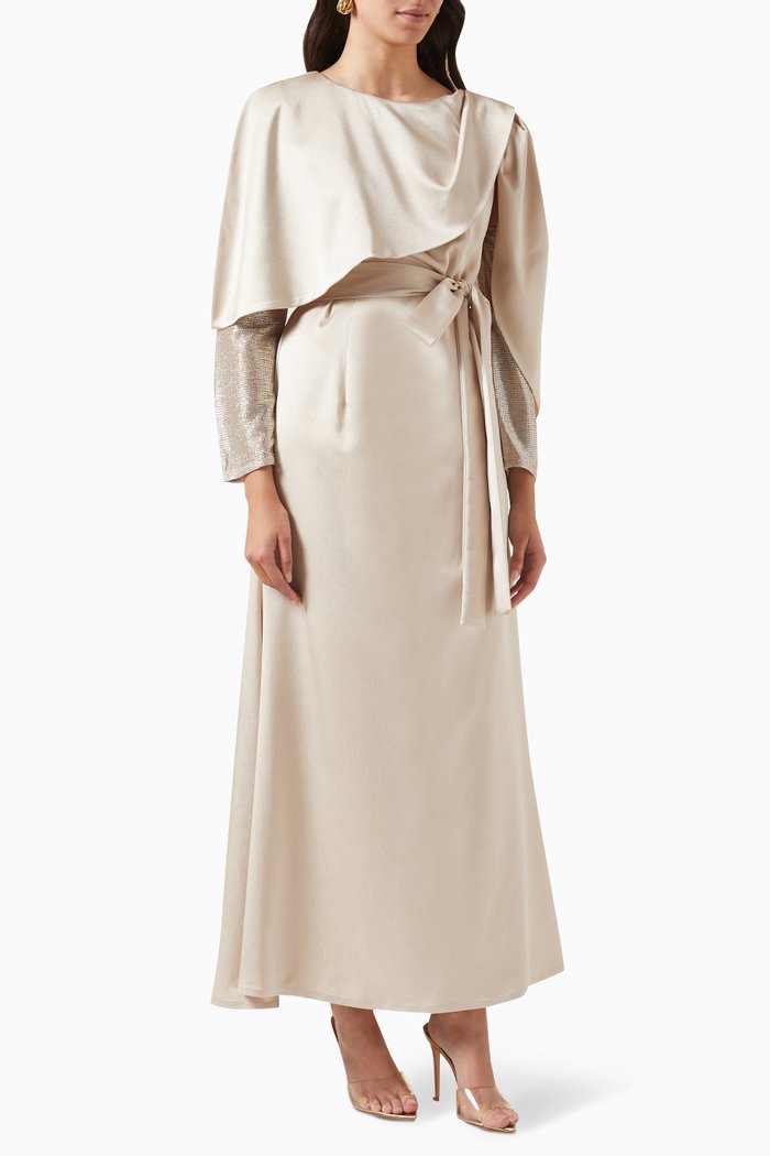 

Layered Maxi Dress with Detachable Sleeves in Satin, Gold