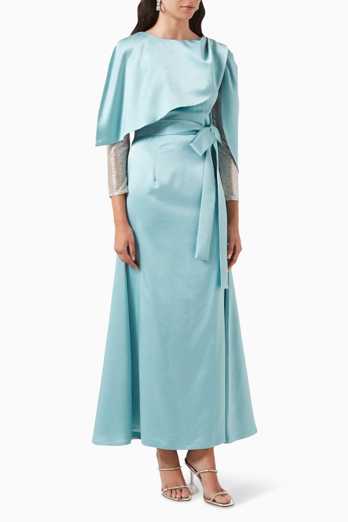 

Layered Maxi Dress with Detachable Sleeves in Satin, Blue