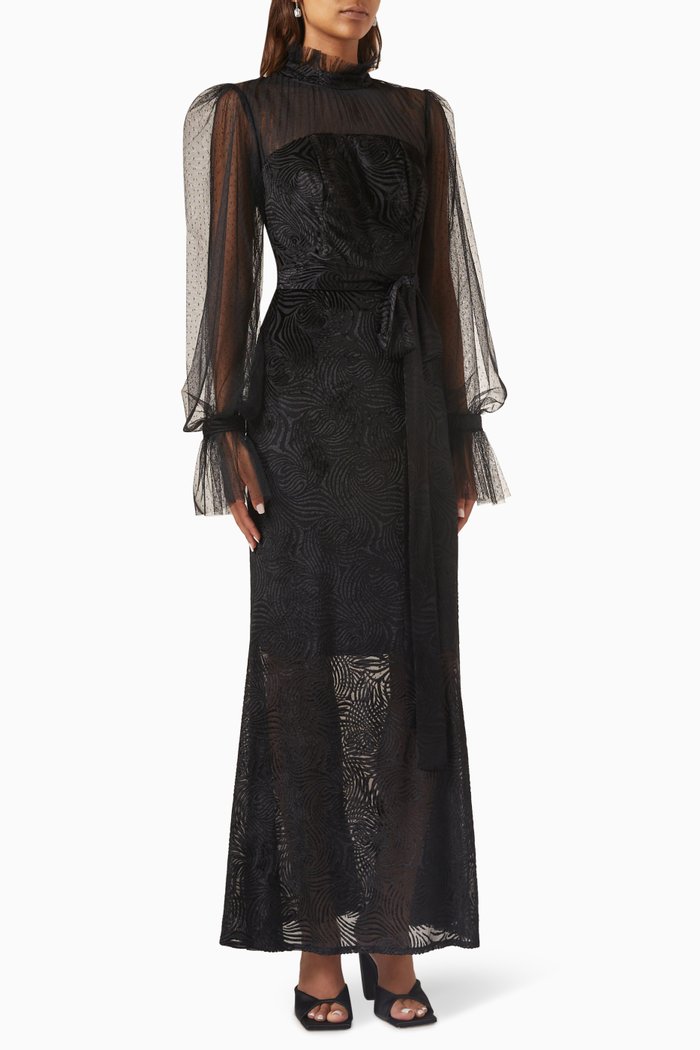 

Puffed-sleeves Maxi Dress in Velvet & Dotted-tulle, Black