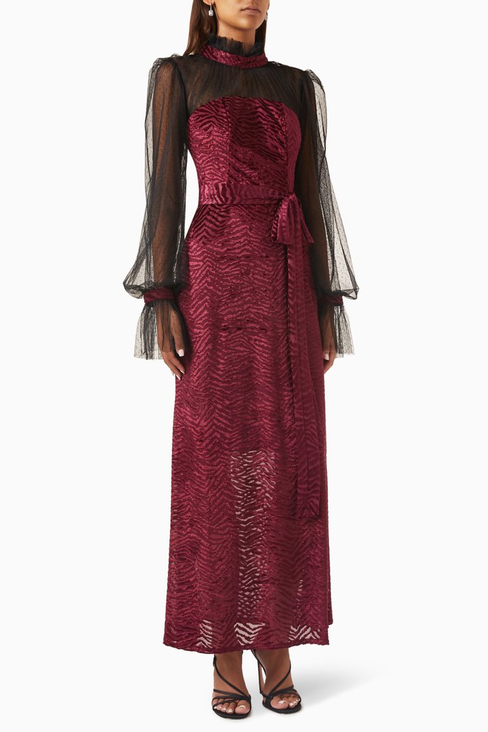 

Puffed-sleeves Maxi Dress in Velvet & Dotted-tulle, Red
