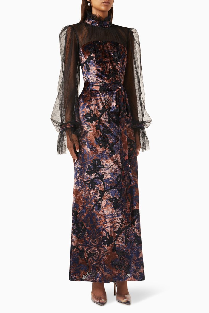 

Puffed-sleeves Maxi Dress in Velvet & Dotted-tulle, Blue