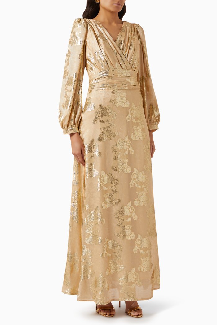 

Embossed Belted Maxi Dress, Gold