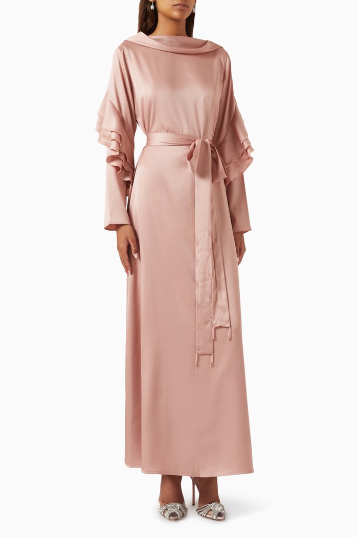 

Cowl-neck Belted Maxi Dress in Satin, Pink