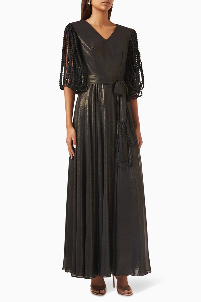 Beaded Belted Maxi Dress, Black