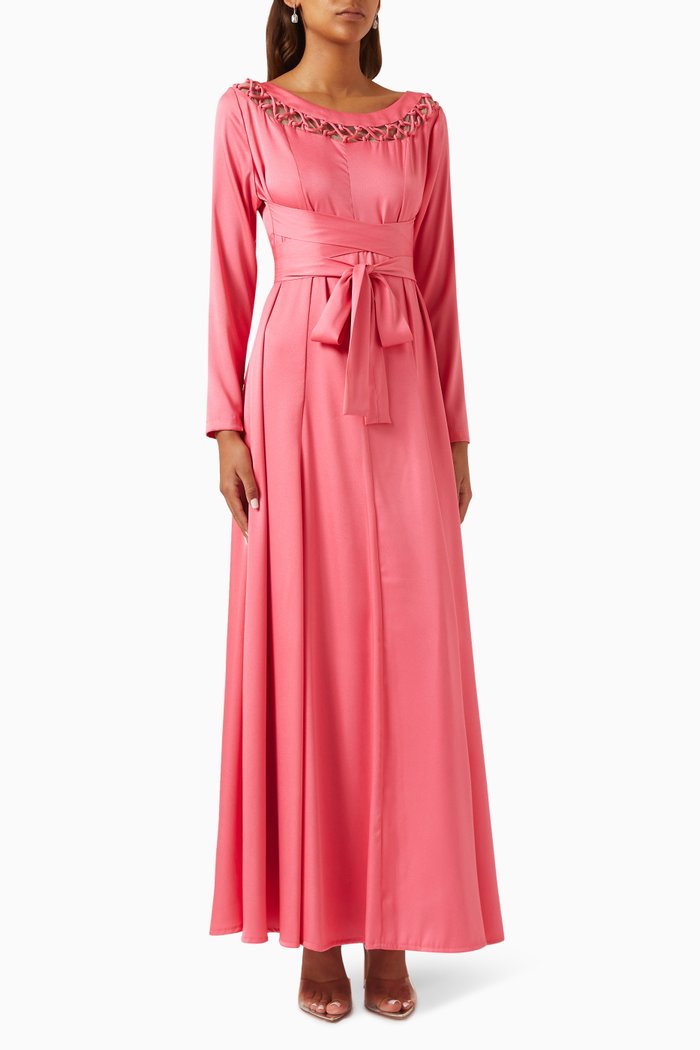 

Cut-out Trim Belted Maxi Dress in Satin, Pink
